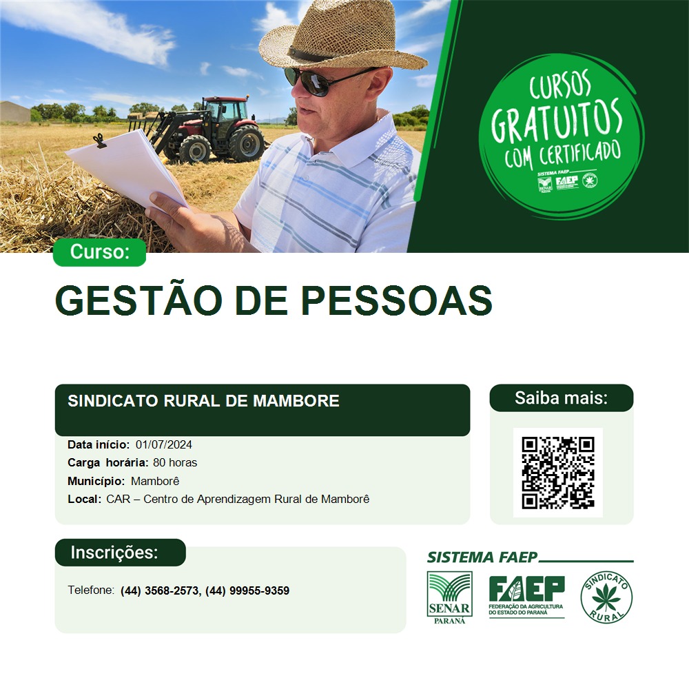 Curso: gestão de pessoas Início: 01/07/2024 as 19:00 horas, venha você participar também temos 04 vagas abertas.cursos inteiramente gratuitos e com certificado.