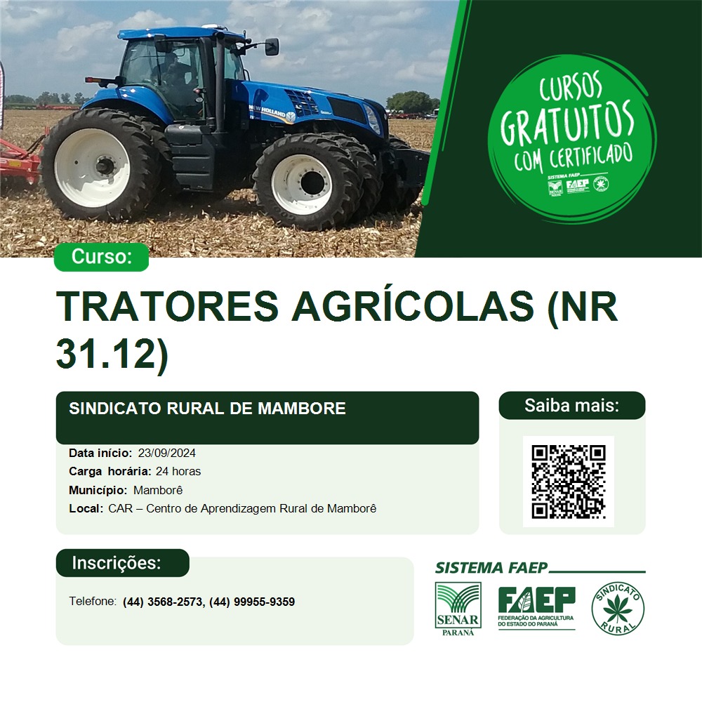 Curso de tratorista Agrícola, com início nesta segunda feira dia 23/09, um curso inteiramente gratuito e com certificado com 3 vagas abertas aos interessados entrar em contato com o Car.Centro de aprendizagem Rural.