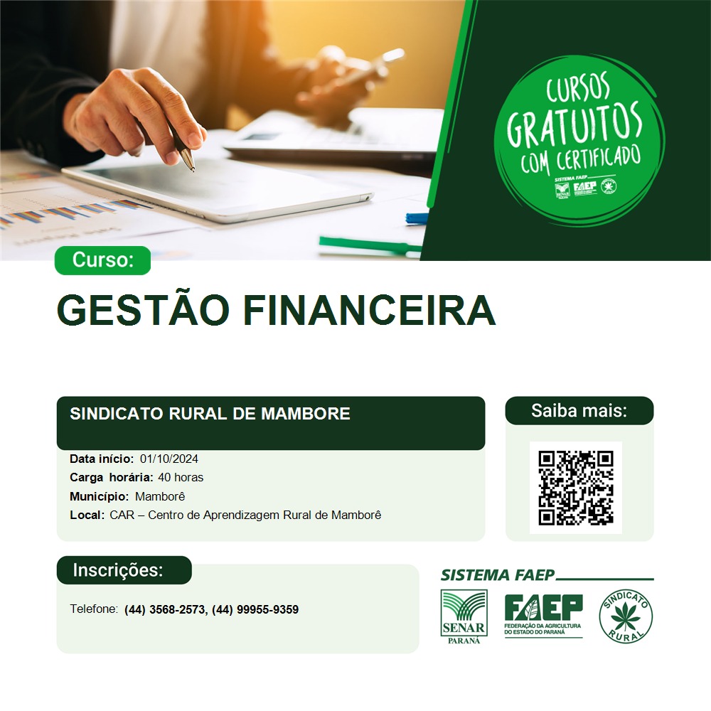 Nesta segunda feira 01/10,inicia o curso de Gestão Financeira,com três vagas abertas,curso inteiramente gratuito e com certificado,interessados entrar em contato com CAR-Centro de aprendizagem rural.