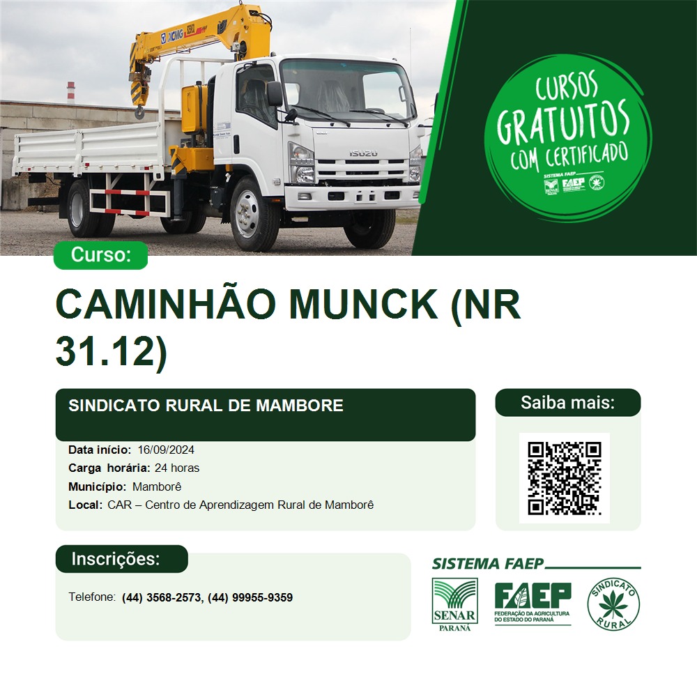 Curso de Caminhão Munck, no centro de aprendizagem Rural, com 3 vagas abertas, inteiramente gratuito, com início nesta segunda feira 16/09.para mais informações entre em contato: (44)3568-2573,ou (44)99955-9359.