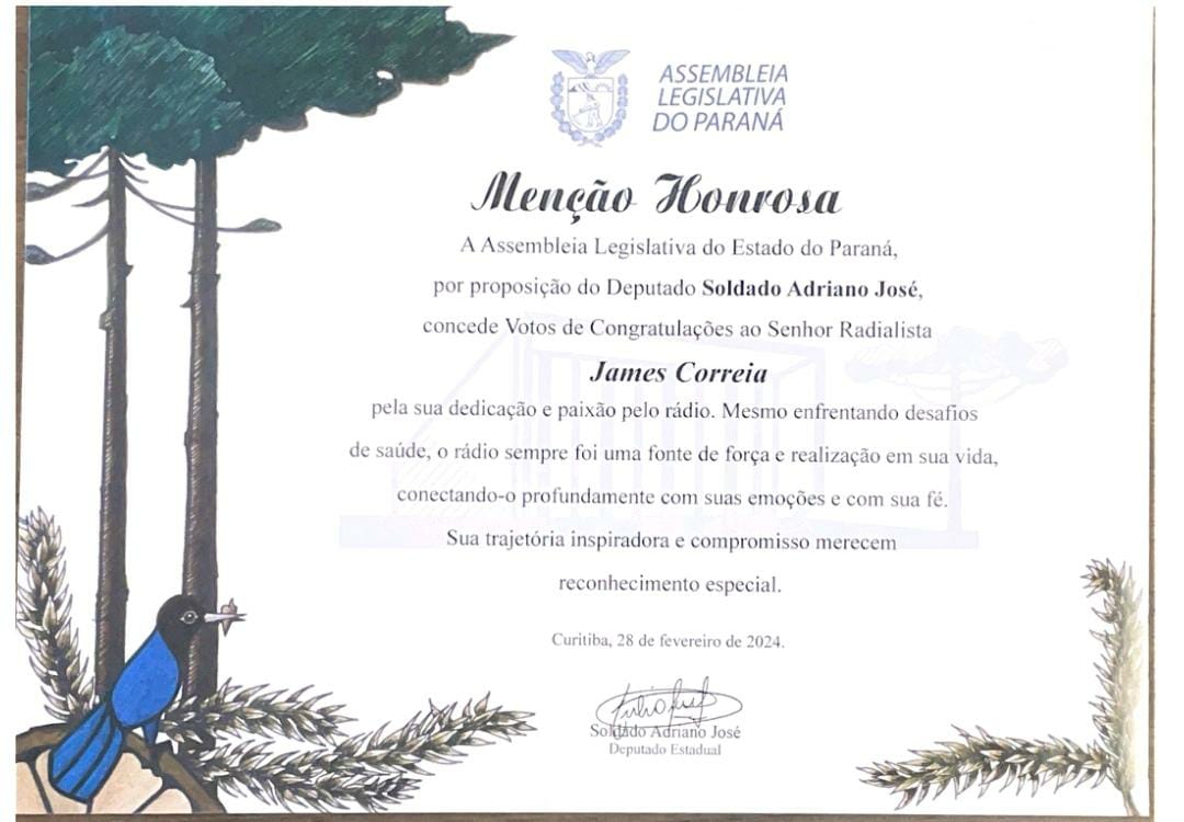 A Rádio União FM recebeu da Assembleia Legislativa do Estado do Paraná por proposição do Deputado Adriano José a Menção Honrosa pela sua história e testemunho do poder da comunicação para unir uma comunidade. A entrega do Título foi realizada ontem na sede da emissora pelo próprio Deputado. A diretoria da Rádio Comunitária União FM agradeceu ao Deputado e a Assembleia Legislativa do Estado do Paraná o reconhecimento e que está nobre atitude nos estimula a continuar a nossa luta pela comunidade!