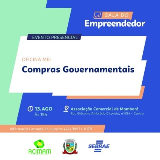 Nesta terça feira na entrevista do dia com James Correia , Thalita Mariani senhorini da secretária de inovação , com o assunto Compras governamentais. Empresário! Vender para a Prefeitura é uma excelente oportunidade para você aumentar o faturamento da sua empresa. Você é nosso convidado para conhecer quais as modalidades, os documentos necessários, e como cadastrar a sua empresa para participar das licitações. Oficina sobre Compras Públicas Quarta-feira (13) Às 19 horas  Local: Nova sede Acimam Rua Giacomo Ambrósio Ciconrlo 494.