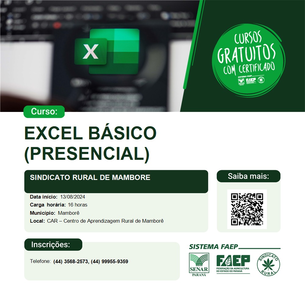 Curso de Excel Básico,com 4 vagas abertas para turma da tarde e noite, lembrando que esse curso é inteiramente gratuito e com certificado.inicio 13/08/2024.