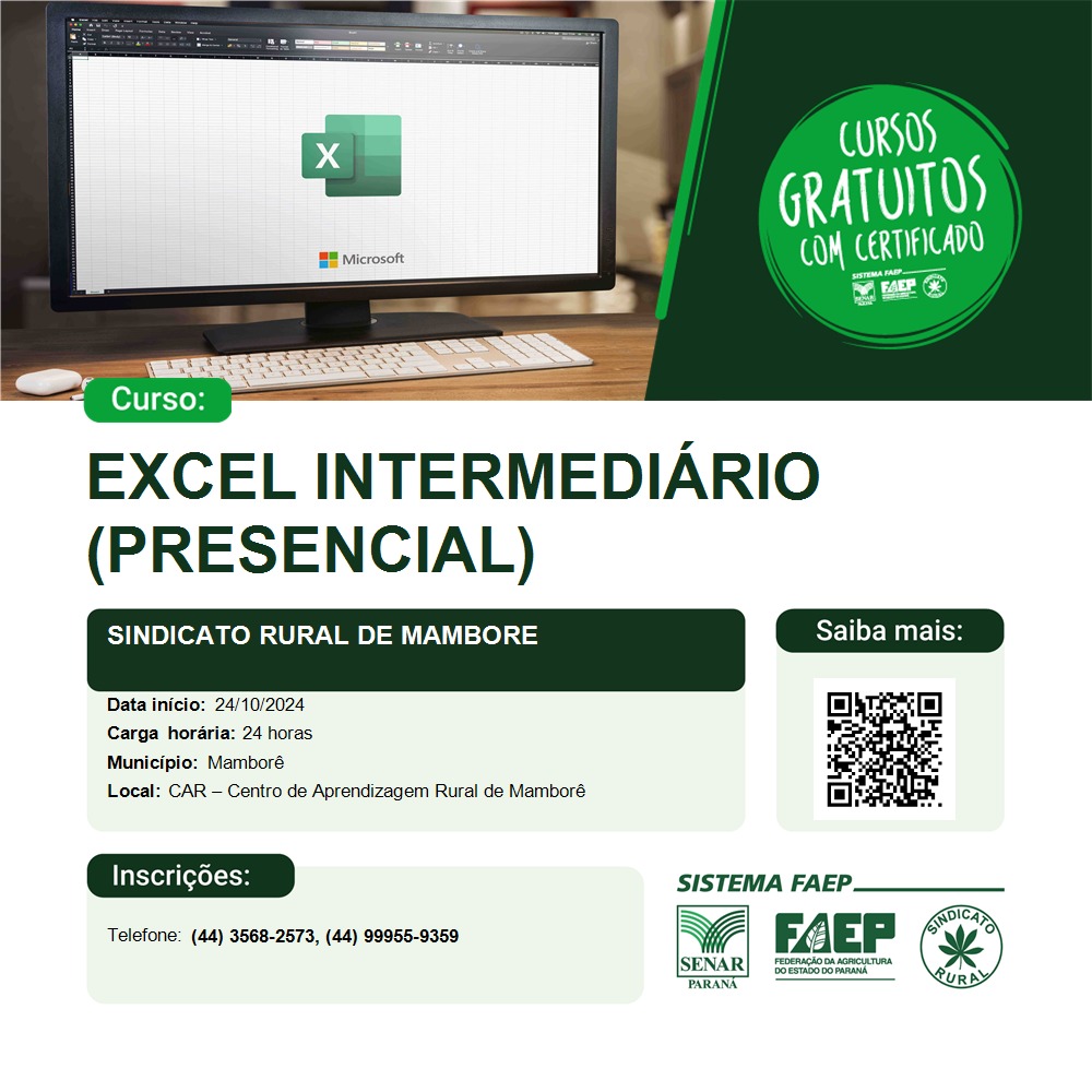 Curso de Excel intermediário,com  vagas abertas para turma da tarde e noite, lembrando que esse curso é inteiramente gratuito e com certificado.inicio 24/10/2024.